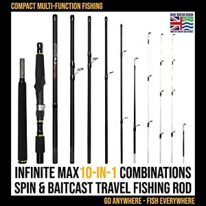 Rigged and Ready Spinning-Baitcast Travel Fishing Rod. 10-in-1 Combination Rod. Infinite Max. Powerful Compact Spin-Cast Saltwater Freshwater Bass Carp Fish Pole