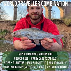 Rigged and Ready World Traveller Travel Fishing Rod Reel & Case Set. Compact 6 Sections, 2 Tips. 190cm to 215cm or (6.4′ or 7’) Nano-Carbon Fishing Rod Options. Spin Bait Carp Pike Sea Fishing
