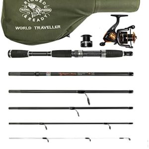 Rigged and Ready World Traveller Travel Fishing Rod Reel & Case Set. Compact 6 Sections, 2 Tips. 190cm to 215cm or (6.4′ or 7’) Nano-Carbon Fishing Rod Options. Spin Bait Carp Pike Sea Fishing